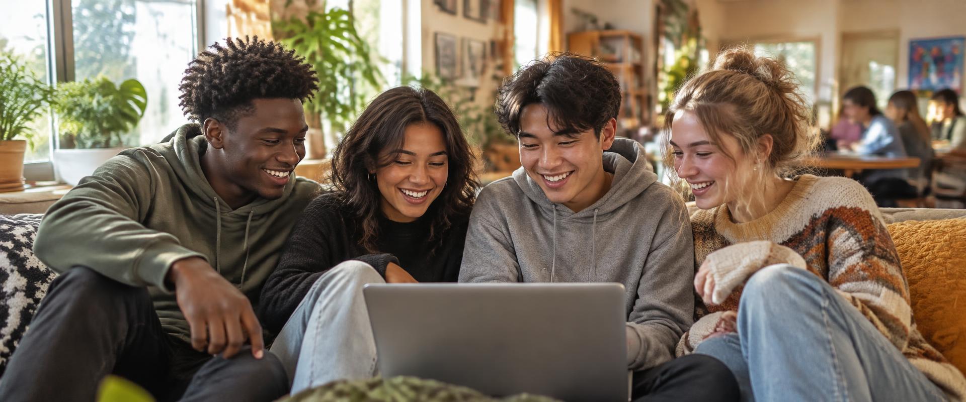 Illustration of four young people smiling together around a laptop